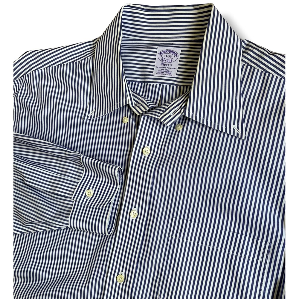 Brooks Brothers Classic Non-Iron Supima Cotton Striped Shirt 17-33 Navy White